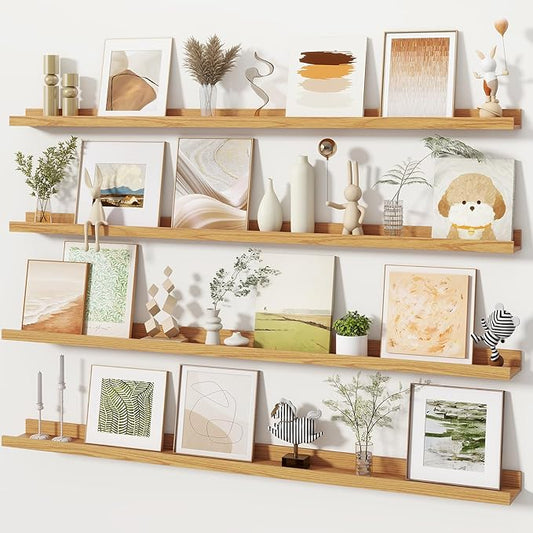 Fun Memories Picture Ledge Shelves Set of 4, 48 Inch Rustic Wall Mounted Floating Shelves with Lip for Home Storage and Décor in Bathroom, Kitchen, Nursery, Bedroom, Living Room, Oak