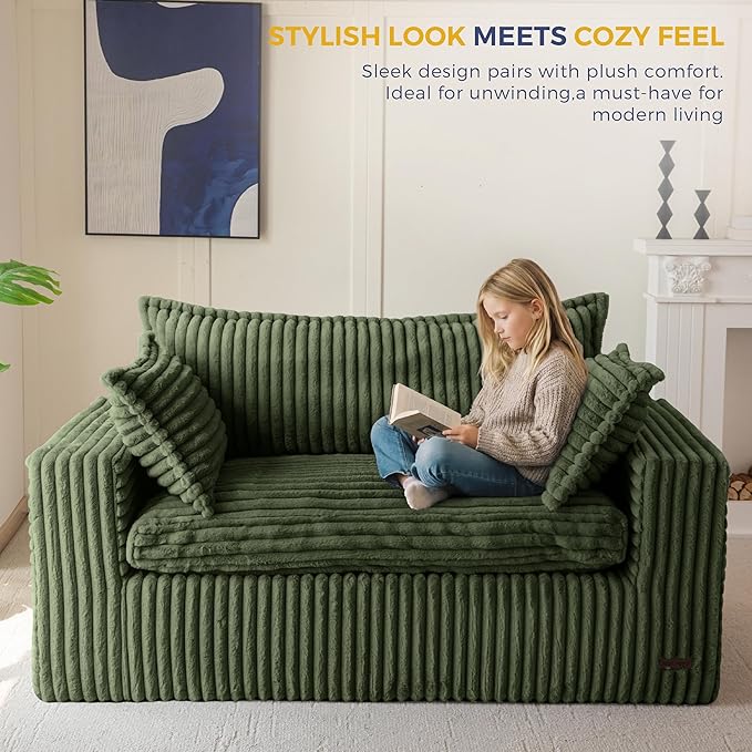 MAXYOYO 59" Bean Bag Sofa Couch, Loveseat Boneless Couch in a Box, Upholstered Small Mini Sofa with Deep Seating for Living Room Bedroom Office Apartment, No Assembly, Green