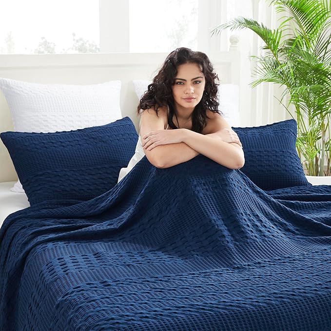 VHC Brands 100% Cotton Waffle Weave Twin Blanket 66"x90", Decorative Lightweight Spring and Summer Throw Blanket, Bedroom Decor for Bed, Couch, or Sofa, Navy