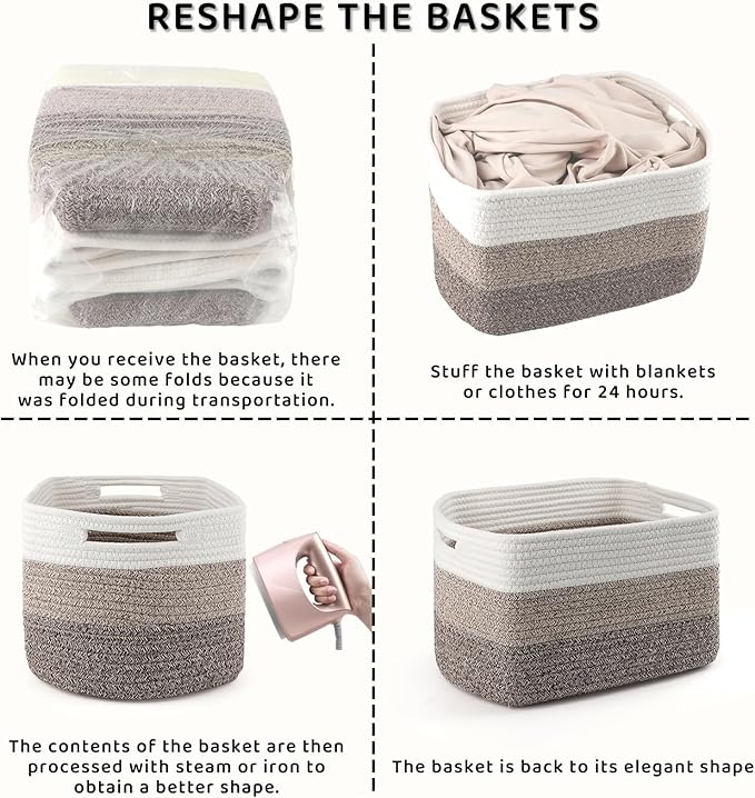 4 Pack Storage Baskets for Organizing, 12''Lx10''Wx8''H Woven Baskets for Storage Toys, Towels, Books, and Clothes, Cotton Rope Basket for Shelves with Handle White & Brown
