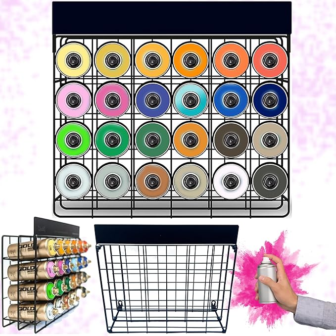 TidyFriend Metal Spray Can Holder 17.3 x 13.4 x 5.3 Inches - Matte Black Spray Bottle Holder Wall Mount, Graffiti Art Supplies Organizer with a Removable Name Board (Black)