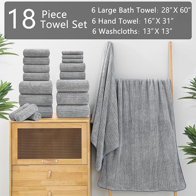 18 Piece Bath Towels Set,100% Microfiber Family Bathroom Towel with Hanging Loops-6 Bath Towels,6 Hand Towels,6 Washcloths,Quick Dry Highly Absorbent Shower Towel for Bathroom,Hotel,Spa-Grey