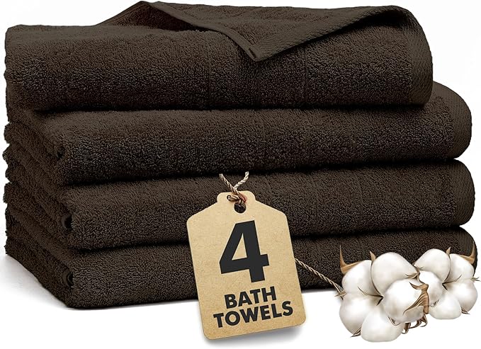Bath Towels Set of 4 – 100% Cotton Dark Brown Extra Large Towels for Bathroom, Spa Use (55x28 in) – Super Soft and Quick Dry Large Bath Sheets for Adults