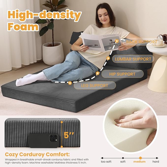 Folding Mattress Twin, Convertible Sofa Bed Foldable Futon Mattress with Corduroy Cover, Fold Out Floor Couch Bed for Living Room, High-Density Memory Foam, 5'', Grey