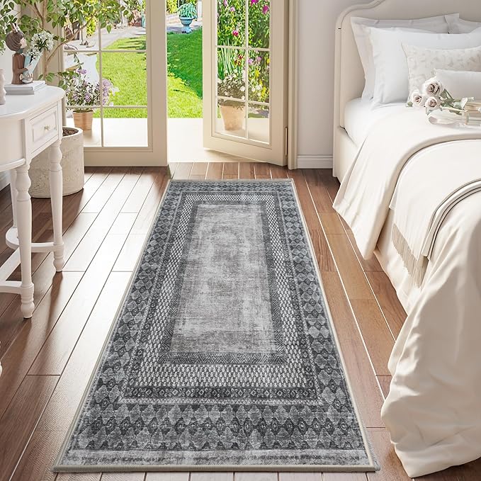 NICETOWN 2' x 8' Hallway Runner Rug, Machine Washable Thin Non-Slip 2x8 Grey Kitchen Soft Foldable Mysterious Tribal Bordered Indoor Mat Runner Rug for Bathroom Laundry Room, Grey