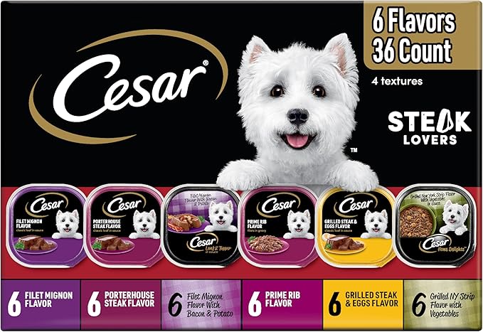 Cesar Adult Wet Dog Food Steak Lovers Variety Pack with Real Meat, 3.5 oz. Easy Peel Trays, 36 Count