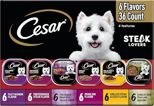 Cesar Adult Wet Dog Food Steak Lovers Variety Pack with Real Meat, 3.5 oz. Easy Peel Trays, 36 Count
