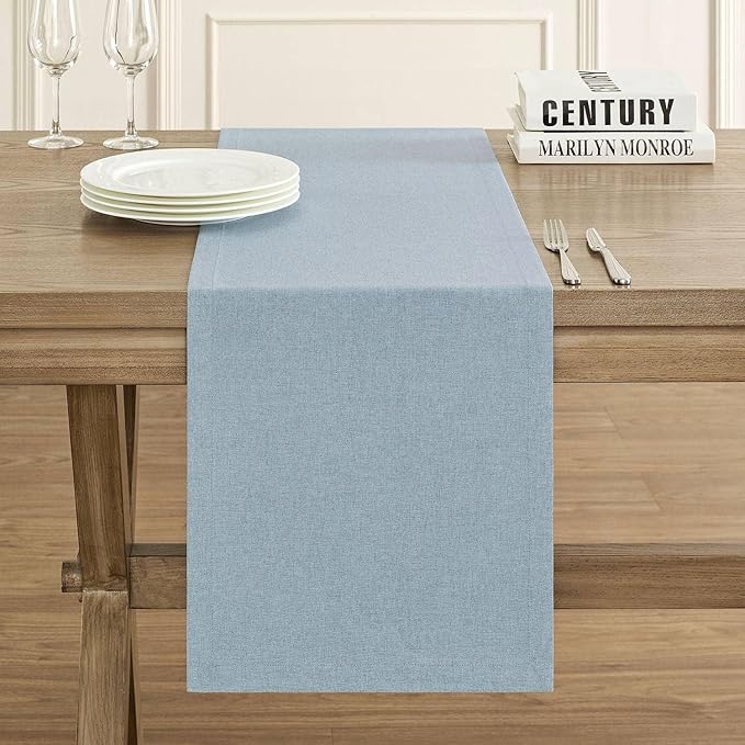 ZeeMart Basic Linen Style Table Runner, 14 x 90 Inch Blue Chambray, Rustic Farmhouse Light Dusty Blue Table Runners 90 Inches Long, Everyday Polyester Table Runner - Machine Washable & Easy Care