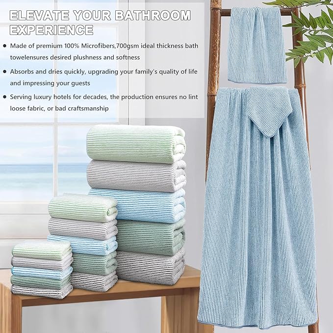 8-Piece Premium Towel Set for Bathroom|2 Oversized Large Bath Sheet,2 Hand Towels,4 Washcloths|Soft Cozy Highly Absorbent Fast Dry Microfiber Shower Towel Set for Hotel Bathroom Essentials,Blue White