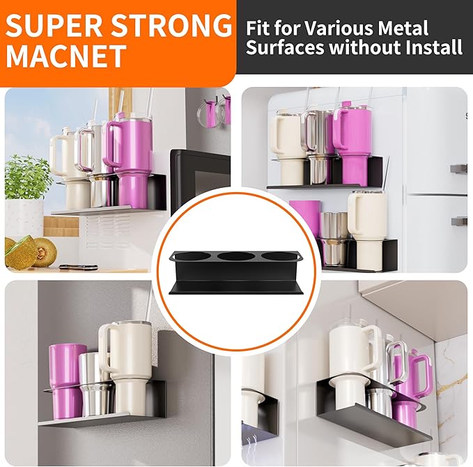 Magnetic Cup Holder for Stanley 40 & 30 oz Tumbler Organizer with 6 Slots and Hanging Hooks, Magnetic Fridge Water Bottle Organizer for Tumblers, Cups and Bottles – 3-Pack Black