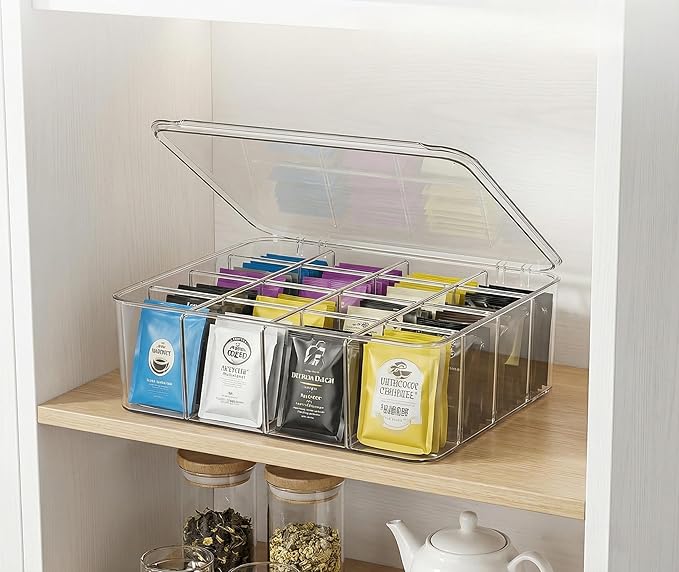 Tea Bags Organizer: Extra Large Tea Bag Holder Organizer with Lid, Acrylic Drink Packets Storage for Cabinet, Counter, Countertop, Drink Packets Caddy for 16 Different Types