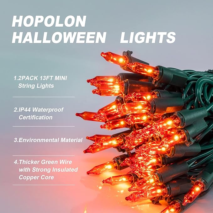 Hopolon Orange Halloween Lights, 2PACK 13ft 50 Orange Lights String,120V Fall String Light, Plug in Green Wire Fall Light Waterproof for Spooky Thanksgiving Party Decor(2pcs)