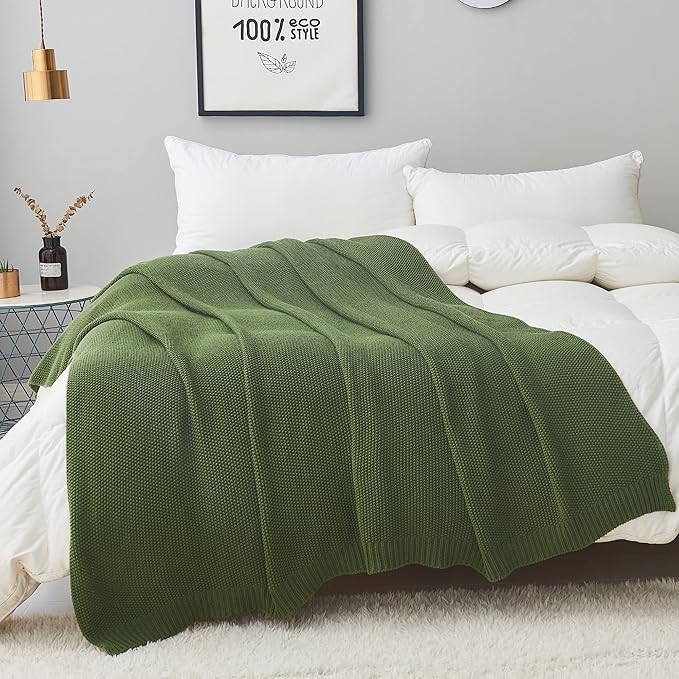 Longhui bedding Olive Green Cotton Cable Knit Throw Blanket for Couch Sofa Bed, Home Decorative Lightweight Knitted Blankets with Bonus Laundering Bag, 50“ x 60”, Machine Washable