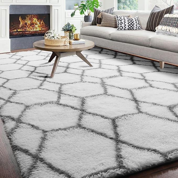 ONASAR 7x9 Area Rugs for Living Room Bedroom, Large Fluffy White and Grey Throw Rug, Geometric Soft Plush Shaggy Indoor Floor Carpet for Nursery Kids Girls Boys Teen Dorm Home Decor Aesthetic