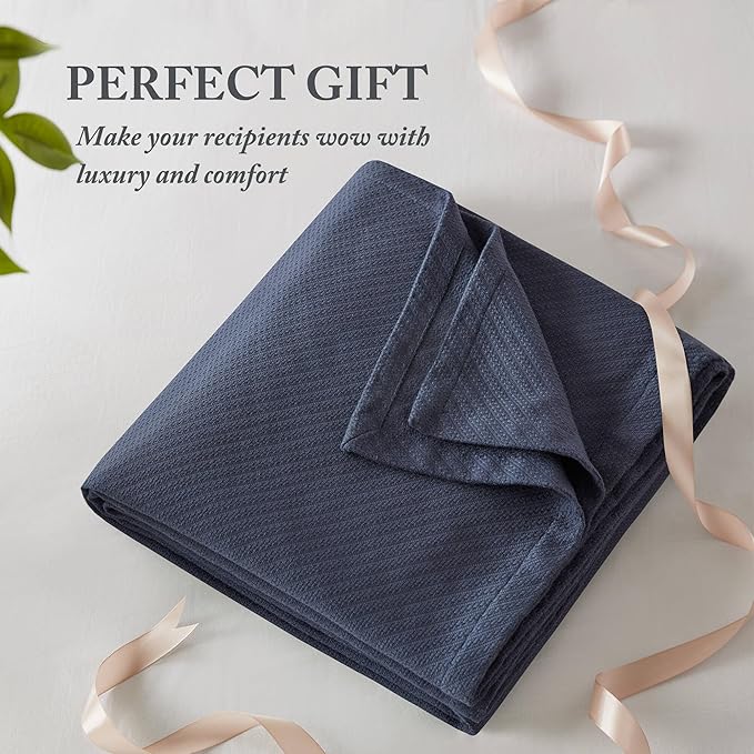 Madison Park Liquid Cotton Blanket Breathable, Softer Ring Spun Weave, Diamond Motif, Luxurious 100% Cotton All Seasons Lightweight Summer Blanket for Bed, Couch, Office, Navy, King