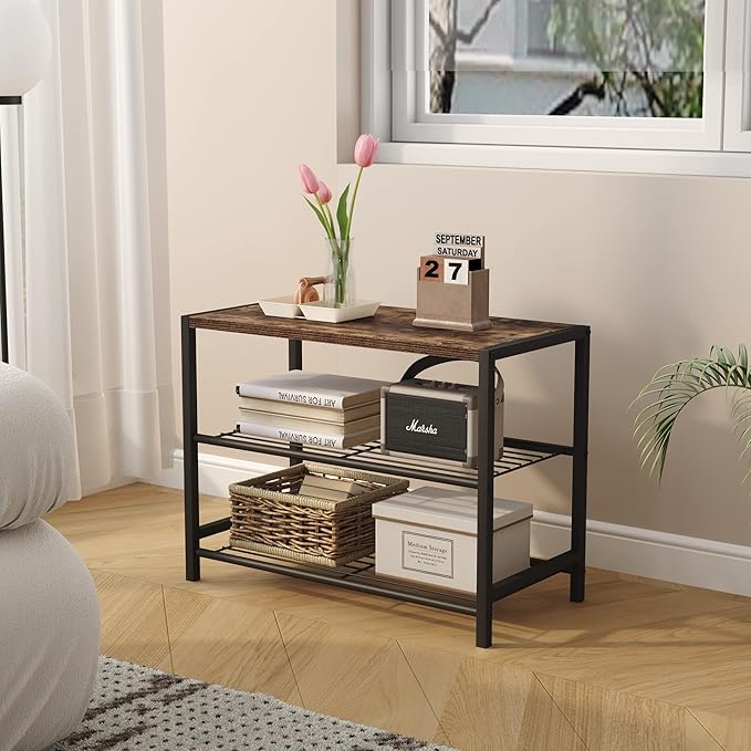 HOMEFORT 3-Tier Shoe Rack, Shoe Storage Shelf, Industrial Shoe Tower, Narrow Shoe Organizer for Closet Entryway, Small Shoe Rack Table with Durable Metal Shelves, Rustic Brown