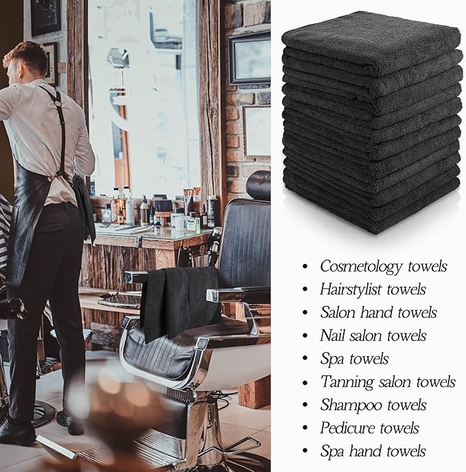 40 Pack Bleach Proof Towels Microfiber Absorbent Resistant Hair Hand Towels Bulk Quick Dry for Barber Gym Bath Spa Shaving (Black,16 x 29 Inch)