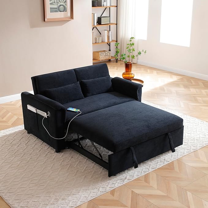 Sofa Bed, Pull Out Couch with Side Pockets, 3 in 1 Velvet Loveseat Sleeper Sofas Beds with USB Ports, Sofa Bed Couch with Adjustable Backrest for Living Room, Bedroom, Apartment, Black Blue