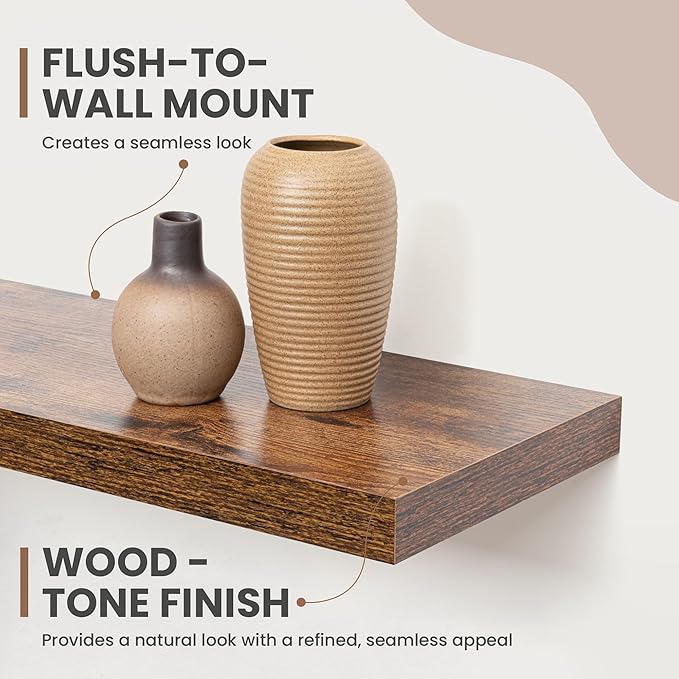 36 Inch Floating Shelves, 8 Inch Deep Floating Shelves for Wall, Hanging Shelf with Invisible Brackets, Deep Shelves for Bathroom, Bedroom, Living Room, Brown, Set of 2