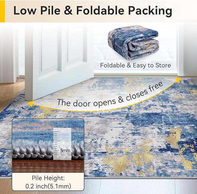 Washable Area Rugs 2'x5' Non-Slip Modern Abstract Soft for Living Room Entryway Bedroom Nursery, Print Pattern, Grey Blue Gold/Golden