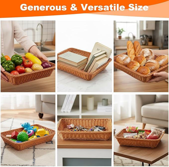5 Pack 15.8 Inch Large Wicker Bread Baskets, Brown Woven Serving Basket Trays for Food, Bread, Fruits, Vegetables, Snacks - PVC Rattan Display for Restaurant & Home