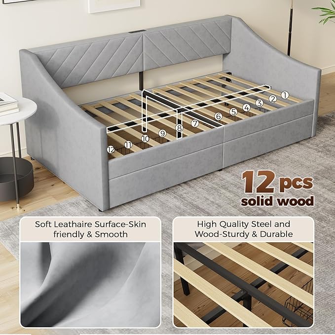 Twin Size Daybed with 2 Storage Drawers, Upholstered Daybed Frame with Charging Station, Heavy Duty Sofa Bed for Bedroom, Living Room, No Box Spring Needed,Easy Assembly