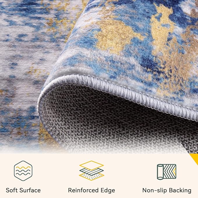 Washable Area Rugs 2x9 Non-Slip Modern Abstract Soft for Living Room Entryway Bedroom Nursery, Print Pattern, Grey Blue Gold/Golden