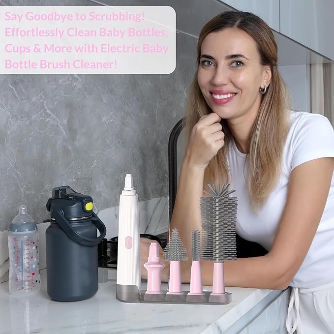 Electric Baby Bottle Brush Cleaner with Extended Handle & Drying Holder, Baby Bottle Brush Set with Silicone Bottle/Nipple/Crevice/Brush,Straw Cleaner,Lifesaver Automatic Bottle Cleaner,Pink