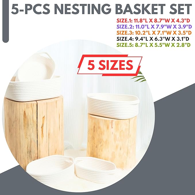 MINTWOOD Design 5-Piece Small Decorative Woven Storage Baskets Set for Shelves, Bathroom, Pantry and Nightstand Organizer, Catch All Tray for Organizing Gifts, Dog and Cat Toys, Creamy White