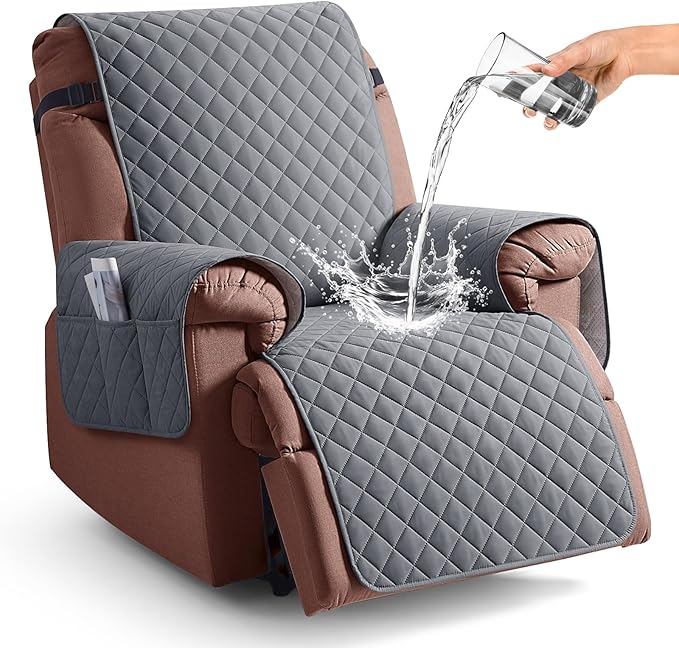 KinCam 100% Waterproof Recliner Chair Cover, Reclining Couch Covers for Pets, Dogs, Recliner Couch Slipcover Furniture Protector with Elastic Straps for Kids(28", Dark Gray)