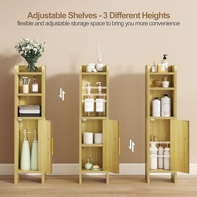 Small Bathroom Storage Corner Floor Cabinet Narrow Toilet Paper Cabinet with Adjustable Shelves Wooden Slim Bathroom Organizers and Storage with Fluted Door for Small Spaces, Wood