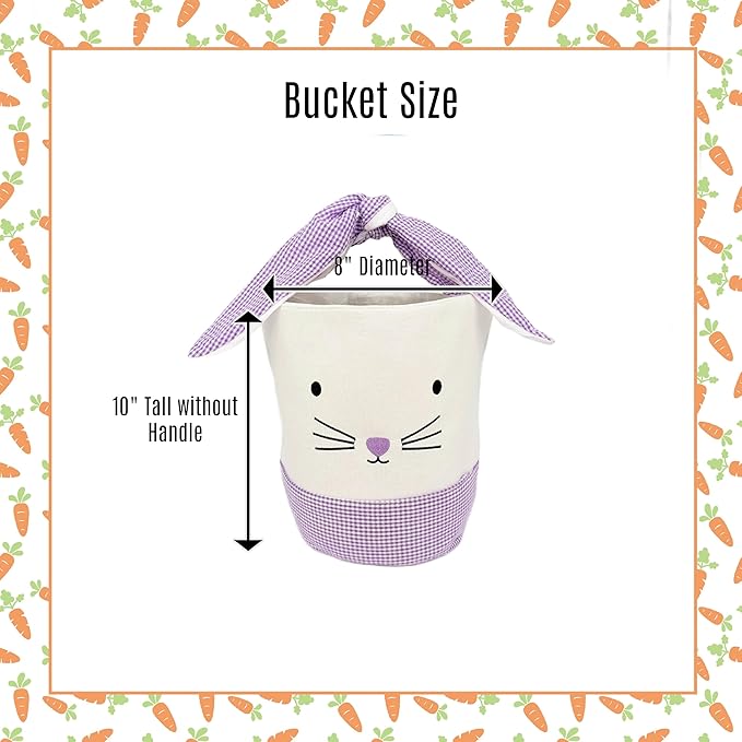 Easter Bunny Canvas Basket, Easter Egg Basket, Bunny Face, White with Gingham Pattern, 8x10 Inches, Foldable Tie Handle (Purple)