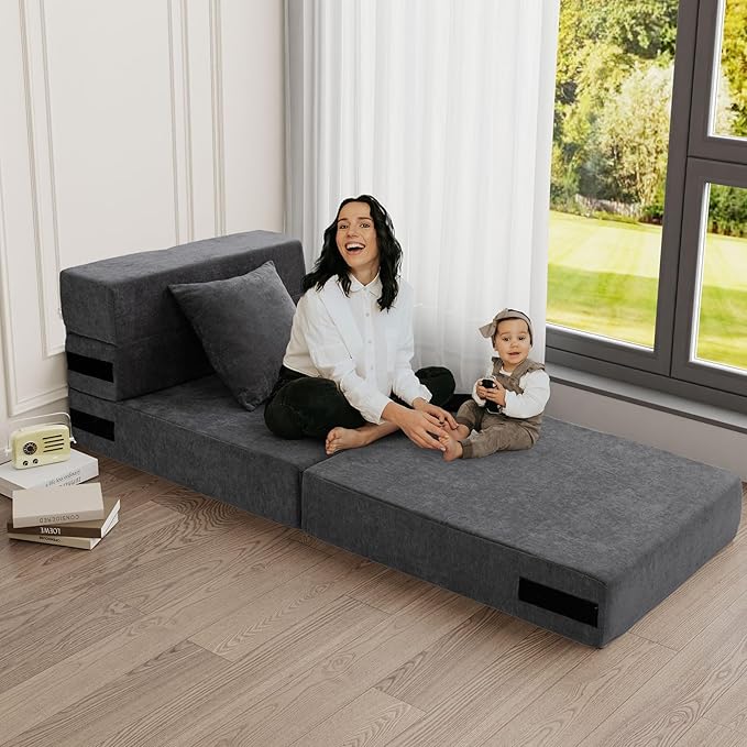 HOMFINE Folding Sofa Bed - Convertible Sleeper Chair with Pillow, Fold Out Couch, Memory Foam Floor Mattress, Futon Couch, Lazy Sofa for Living Room/Dorm/Guest Room/Home Office, Single, Grey