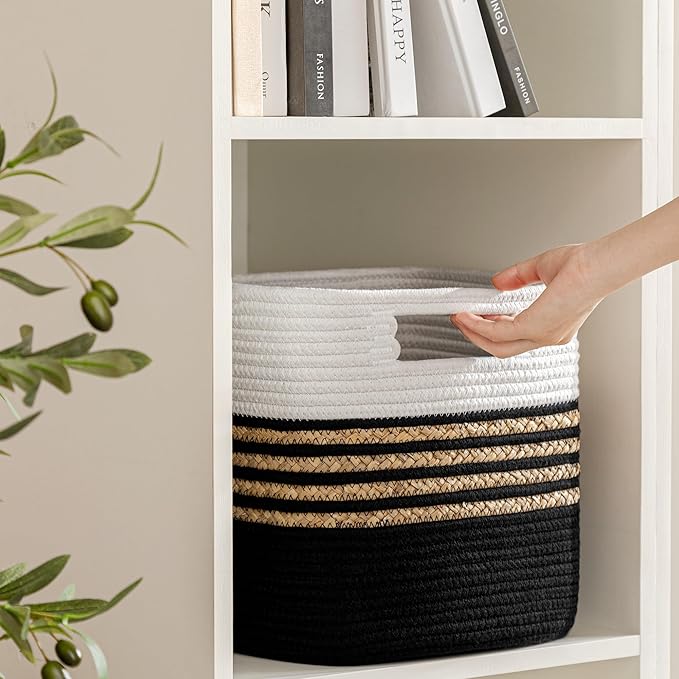 UBBCARE Set of 3 Storage Cubes 13 X 13 X 13 in, Water Hyacinth Storage Bins for Shelves, Toys, Book, Storage Baskets with Handles, Cotton Rope Woven Baskets for Organizing, Black
