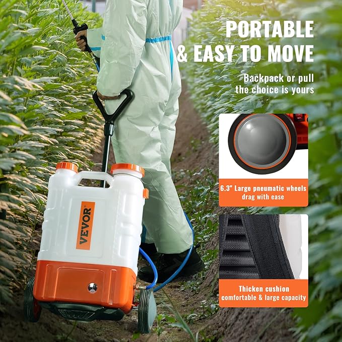 4 Gallon Battery Powered Backpack Sprayer with Wheeled Cart, Adjustable 0-94 PSI, 13FT Hose, 6 Nozzles, 2 Wands Included, Wide Mouth Lid for Weeding, Cleaning, Long Spray Time Without Fatigue