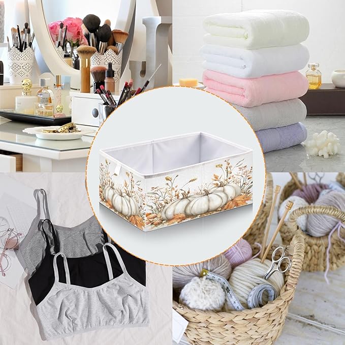 White Pumpkins and Fall Flowers Leaves Autumn Colors O Closet Organizers Storage Cubes Storage Bins Shelf Baskets Containers for Home Room Office,Rectangle