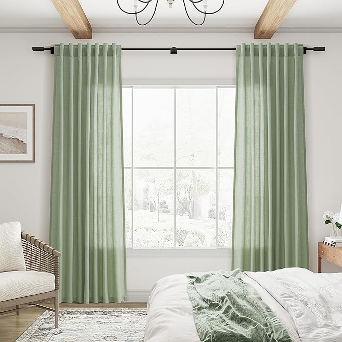 Joywell Mist Sage Back Tab Rod Pocket Linen Curtains 96 Inches Long 2 Panels for Living Room Bedroom Neutral Boho Farmhouse Rustic Light Filtering Semi Sheer Curtains Window Treatment 52x96