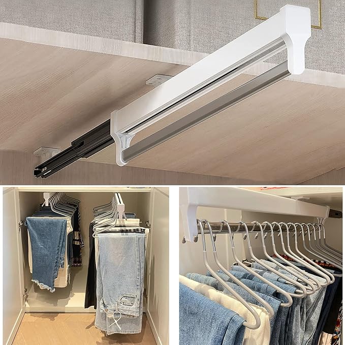 Pull Out Closet Valet Rod, Adjustable Sliding Heavy Duty Steel Top Mounted Clothes Storage Hanger Rail for Closet Wardrobe (397mm/15.6inch)