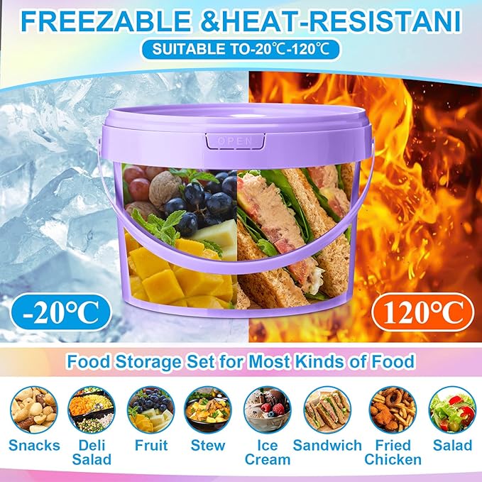 8 Pack 1 Gallon Plastic Bucket with Lids and Handles Food Grade Ice Cream Buckets with Lid Reusable Colorful Multipurpose Food Storage Containers Freeze Safe Ice Cream Tubs for Kitchen