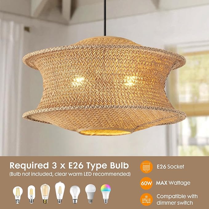 18" Boho Rattan Pendant Light Fixture, Large Woven Hanging Ceiling Lamp, Natural Farmhouse Chandelier for Dining Room, Kitchen Island, Living Room, Entryway, Rustic Foyer Lighting