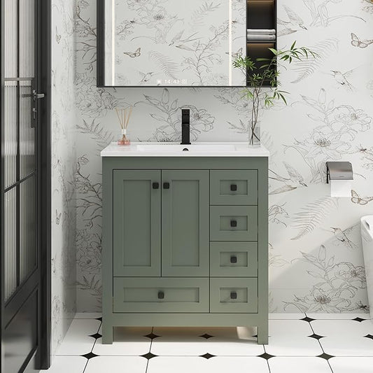 eclife 30" Bathroom Vanities with Sink Combo, Modern Thickened Wood Bathroom Storage Cabinet w/Undermount Sink, Matte Black Faucet Drain, Painted Surface, Green