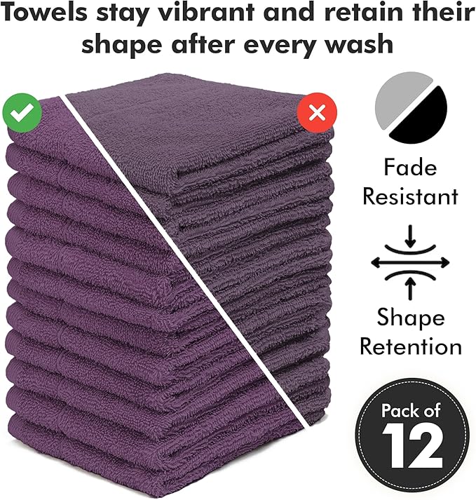 Face Towels Pack of 12 – 100% Cotton Wash Cloths (12x12 inch) – Soft, Quick Dry & Highly Absorbent Hand Towels for Bathroom, Spa, Gym, Kitchen and for Daily Use - (Dark Purple)