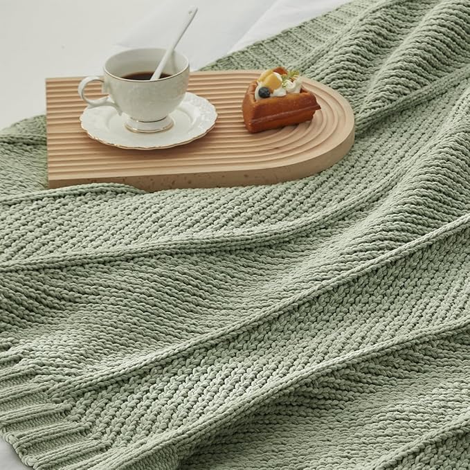 Amélie Home Chevron Chenille Knit Throw Blanket for Couch, Cozy Texture Decorative Soft Blanket for Sofa & Chair, 50"x60", Sage Green