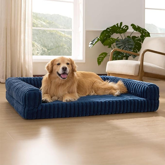 Bedsure Orthopedic Dog Beds for Extra Large Dogs, Waterproof Memory Foam XL Pet Bed with Sides, Non-Slip and Egg-Crate Foam Big Dog Couch Sofa with Washable Removable Corduroy Cover, Blue