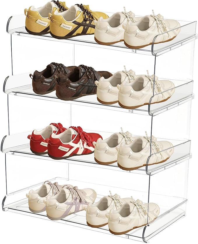 4 Tiers Acrylic Kids Shoe Rack,Shoe Organizer Storage for Shoe and Boot,Clear Shoes Shelf for Closet,Shoe Organizer for Entryway,for Hallway,Small Spaces,Garage,Closet (Clear, Medium, 4)