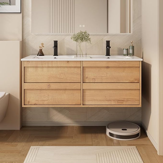 eclife 48" Floating Bathroom Vanity Sink Combo, Wall Mounted Modern Minimalist Storage Cabinet with 4 Drawers, Include Sink, Faucet & Drain, Natural