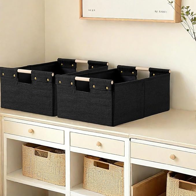 2PCS Storage Bins Cotton Linen Fabric Storage Boxes Basket with Wooden Handles Foldable Washable Decorative Shelf Container Closet Clothes Organizer Home Laundry (Large Size, Black)