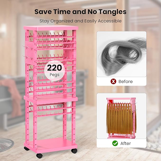 Braiding Rack with Tools, 2-Sided Hair Rack Braid Stand with Wheels, 220 Pegs Standing Hair Separator Divider Extension Holder Hanger Perm Accessories for Salon Home