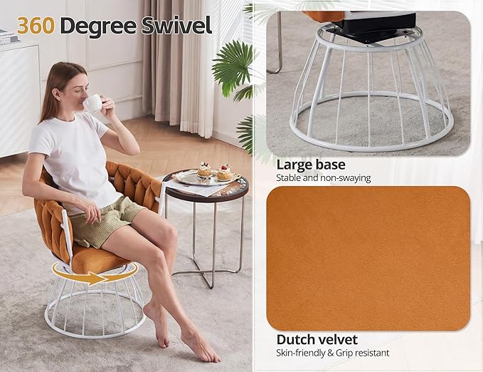Premium Orange Velour Swivel Chair - Handwoven Tufted Design | Designer Accent Seating