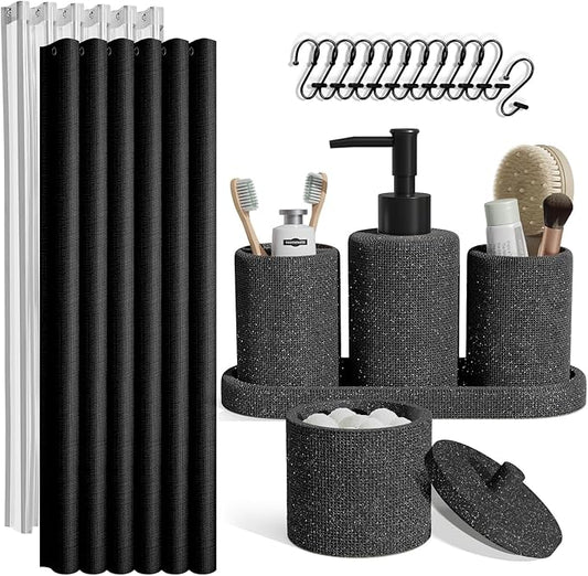 Clara Clark Bathroom Set - Coal Black Bathroom Accessories Set, 19PC Bathroom Accessory Set, Bathroom Sets with Shower Curtain Set, Soap Dispenser & Toothbrush Holder